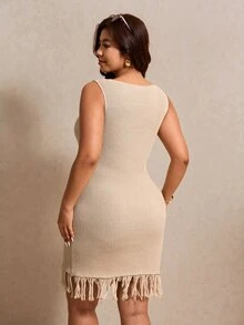 Elaquor Plus Size Starfish Pattern Round Neck Sleeveless Sweater Dress Fall/Winter - Apricot - View 2