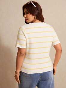 Elaquor Plus Size White Print Button Front Round Neck Casual Elegant Short Sleeve Knit Top Office Evening Summer - Multicolor - View 2