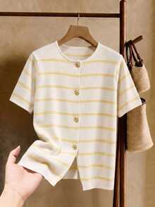 Elaquor Plus Size White Print Button Front Round Neck Casual Elegant Short Sleeve Knit Top Office Evening Summer - Multicolor - View 9