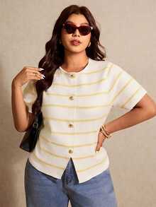 Elaquor Plus Size White Print Button Front Round Neck Casual Elegant Short Sleeve Knit Top Office Evening Summer - Multicolor - View 5