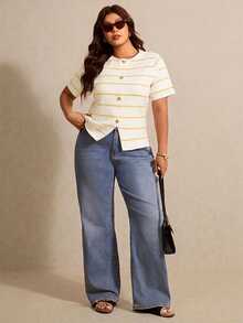 Elaquor Plus Size White Print Button Front Round Neck Casual Elegant Short Sleeve Knit Top Office Evening Summer - Multicolor - View 4