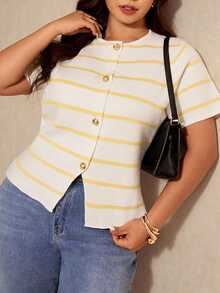 Elaquor Plus Size White Print Button Front Round Neck Casual Elegant Short Sleeve Knit Top Office Evening Summer - Multicolor - View 8