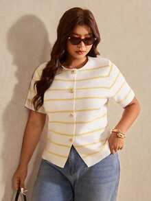 Elaquor Plus Size White Print Button Front Round Neck Casual Elegant Short Sleeve Knit Top Office Evening Summer - Multicolor - View 1