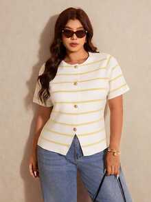 Elaquor Plus Size White Print Button Front Round Neck Casual Elegant Short Sleeve Knit Top Office Evening Summer - Multicolor - View 6