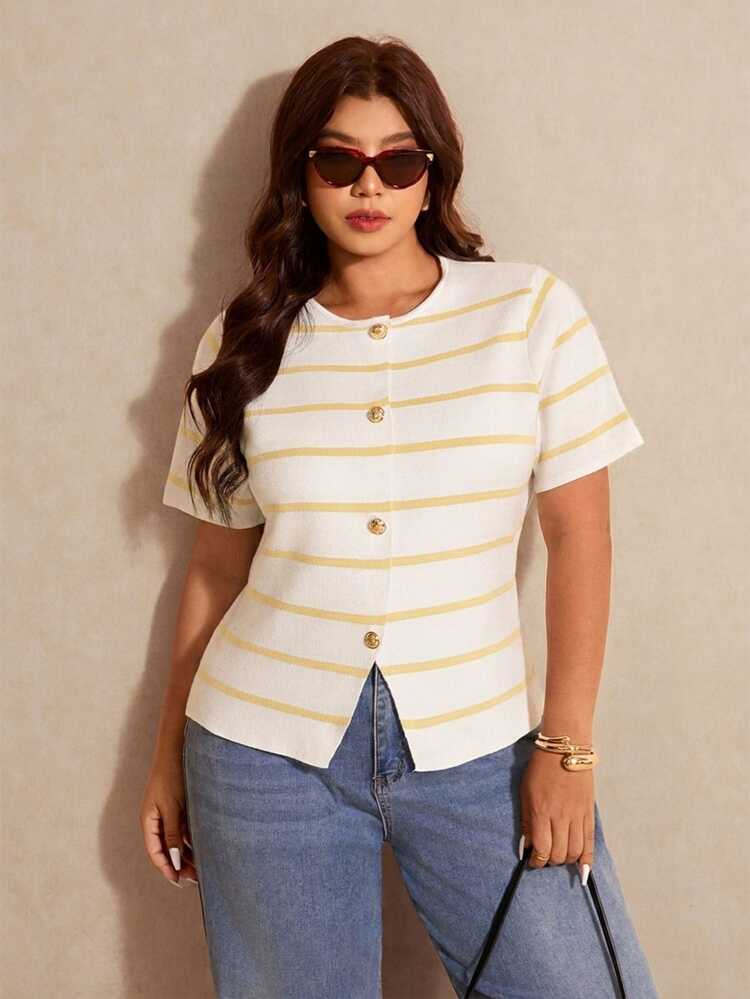 Elaquor Plus Size White Print Button Front Round Neck Casual Elegant Short Sleeve Knit Top Office Evening Summer - Multicolor - View 6