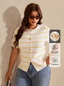 Elaquor Plus Size White Print Button Front Round Neck Casual Elegant Short Sleeve Knit Top Office Evening Summer - Multicolor - View 7