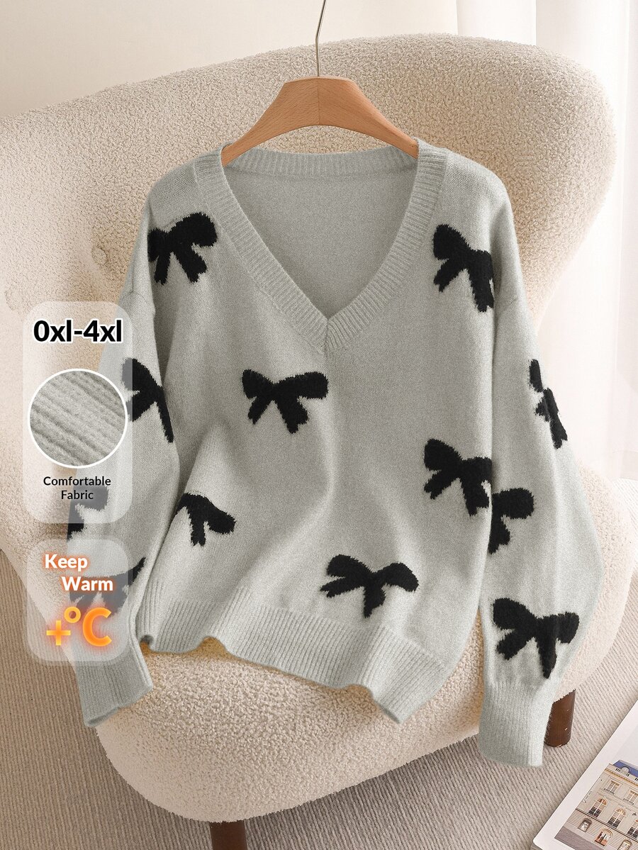 CosyJoli Plus Size Bow Decor V-Neck Casual Long Sleeve Pullover Sweater,Fall Clothes For Women Autumn Winter - Light Grey - View 1