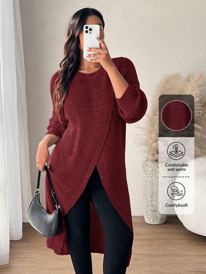 SHEIN Frenchy Gaun Sweater Musim Dingin Elegan Ukuran Plus Warna Burgundy, Pakaian Kasual Sehari-hari Wanita, Leher Bulat, Belahan, Lengan Panjang, Warna Polos, Model Lilitan untuk Acara Natal dan Liburan.