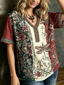 EMERY ROSE Kaos Wanita Ukuran Besar Motif Bunga Leher V Lengan Pendek Kasual Longgar - MultiWarna - View 4