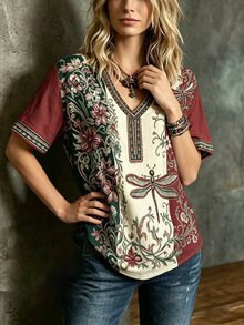 EMERY ROSE Kaos Wanita Ukuran Besar Motif Bunga Leher V Lengan Pendek Kasual Longgar - MultiWarna - View 3