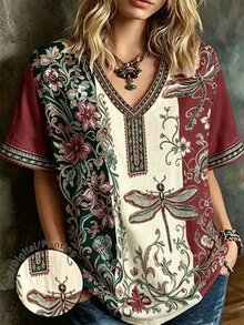 EMERY ROSE Kaos Wanita Ukuran Besar Motif Bunga Leher V Lengan Pendek Kasual Longgar - MultiWarna - View 1