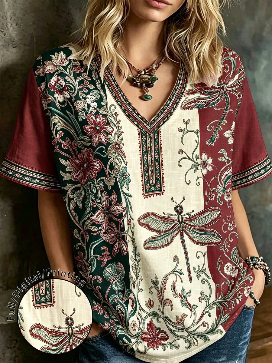 EMERY ROSE Kaos Wanita Ukuran Besar Motif Bunga Leher V Lengan Pendek Kasual Longgar - MultiWarna - View 1