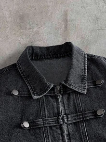 AXEPEAK Men's Casual Loose Zip Napoleon Denim Short Sleeve Top ,Going Out,Country Concert Holiday Black Summer - Black - View 5