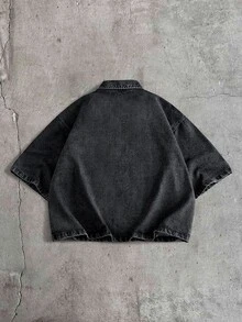 AXEPEAK Men's Casual Loose Zip Napoleon Denim Short Sleeve Top ,Going Out,Country Concert Holiday Black Summer - Black - View 4