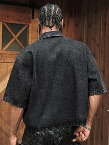 AXEPEAK Men's Casual Loose Zip Napoleon Denim Short Sleeve Top ,Going Out,Country Concert Holiday Black Summer - Black - View 2