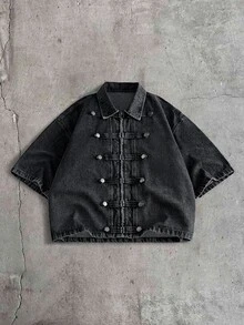 AXEPEAK Men's Casual Loose Zip Napoleon Denim Short Sleeve Top ,Going Out,Country Concert Holiday Black Summer - Black - View 3