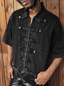 AXEPEAK Men's Casual Loose Zip Napoleon Denim Short Sleeve Top ,Going Out,Country Concert Holiday Black Summer - Black - View 6