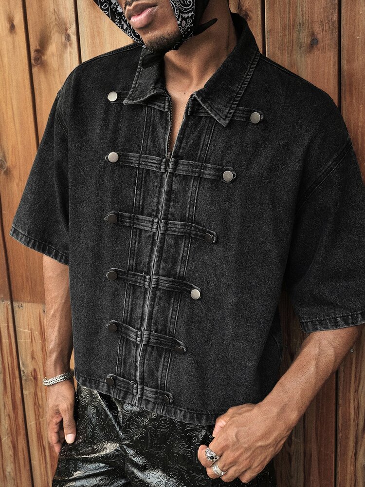 AXEPEAK Men's Casual Loose Zip Napoleon Denim Short Sleeve Top ,Going Out,Country Concert Holiday Black Summer - Black - View 6