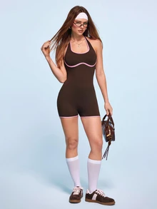 SHEIN Sovereign Charm Contrast Trim Backless Halter Neck Sports Romper Gym Brown And Pink Summer Sporty Athletic - Multicolor - View 11