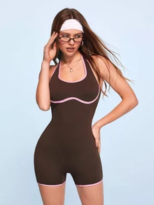 SHEIN Sovereign Charm Contrast Trim Backless Halter Neck Sports Romper Gym Brown And Pink Summer Sporty Athletic - Multicolor - View 1