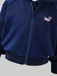 SHEIN Streecool 青少女女童 2 件套秋季服飾 常規厚度針織休閒百搭連帽拉鍊運動外套與寬腿長褲套裝 馬術運動圖案印花裝飾 適合休閒運動 - 藏蓝色 - 查看 5