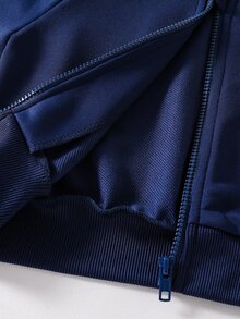 SHEIN Streecool 青少女女童 2 件套秋季服飾 常規厚度針織休閒百搭連帽拉鍊運動外套與寬腿長褲套裝 馬術運動圖案印花裝飾 適合休閒運動 - 藏蓝色 - 查看 6
