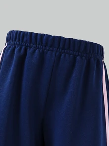 SHEIN Streecool 青少女女童 2 件套秋季服飾 常規厚度針織休閒百搭連帽拉鍊運動外套與寬腿長褲套裝 馬術運動圖案印花裝飾 適合休閒運動 - 藏蓝色 - 查看 7