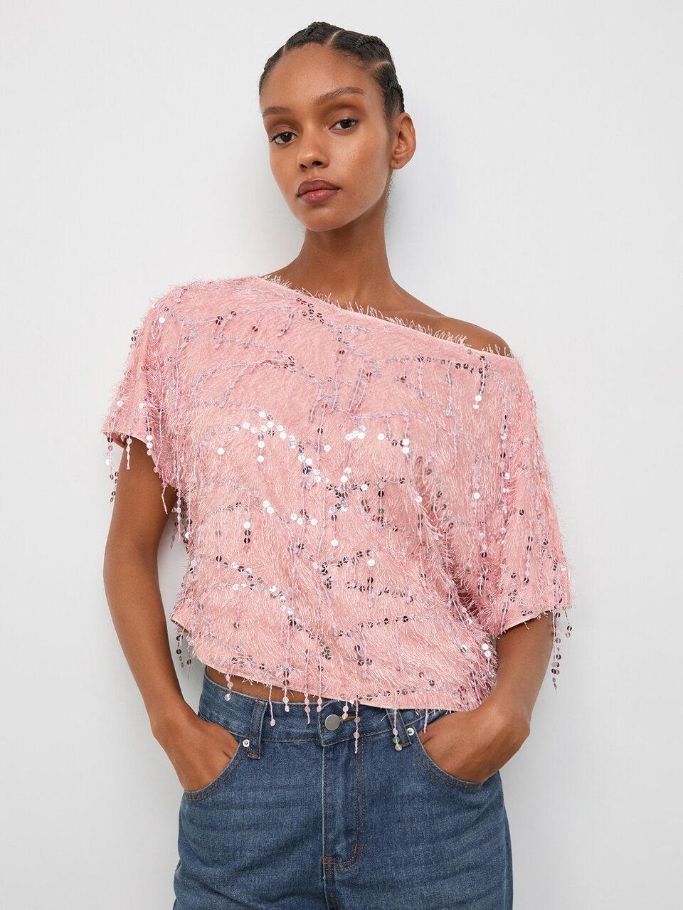 SHEIN Maija Pink Women's Top Urban Holiday Party Sequin Fringe Fall/Winter Elegant Casual Sexy Halloween Festival Wedding