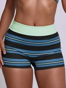 Musera Sport Fold Over Contrast Colour Multi Colour Striped Fitted Active Mini Short Fall Winter Autumn Gym Pilates Fitness Daily Casual - Multicolor - View 2