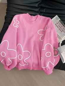 CosyJoli Plus Size Women Floral Line Pattern Pullover Sweater, New Autumn/Winter Design - Pink - View 6