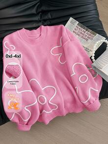 CosyJoli Plus Size Women Floral Line Pattern Pullover Sweater, New Autumn/Winter Design - Pink - View 2