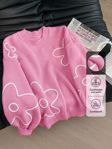 CosyJoli Plus Size Women Floral Line Pattern Pullover Sweater, New Autumn/Winter Design - Pink - View 7