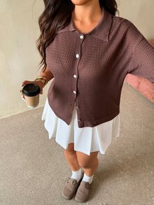 Auralis 女款翻領素色短袖開襟外套 - 棕色 - 查看 4