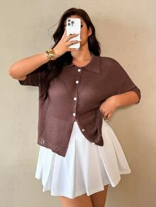 Auralis 女款翻領素色短袖開襟外套 - 棕色 - 查看 8
