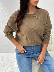 CosyJoli Women's Plus Size Round Neck Loose Fit Comfortable Sweater With Side Frayed Design, Winter Fall Fall/Winter - Coffee Brown - View 9