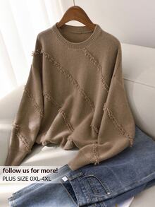 CosyJoli Women's Plus Size Round Neck Loose Fit Comfortable Sweater With Side Frayed Design, Winter Fall Fall/Winter - Coffee Brown - View 12