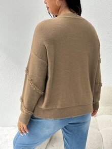 CosyJoli Women's Plus Size Round Neck Loose Fit Comfortable Sweater With Side Frayed Design, Winter Fall Fall/Winter - Coffee Brown - View 10