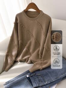 CosyJoli Women's Plus Size Round Neck Loose Fit Comfortable Sweater With Side Frayed Design, Winter Fall Fall/Winter - Coffee Brown - View 1