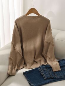 CosyJoli Women's Plus Size Round Neck Loose Fit Comfortable Sweater With Side Frayed Design, Winter Fall Fall/Winter - Coffee Brown - View 2