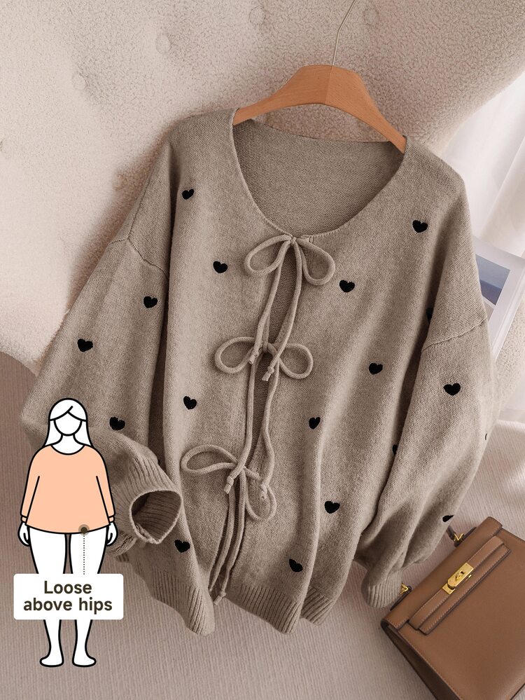 CosyJoli Plus Size Women Heart Knitted Cardigan, French Elegant Fashion Autumn/Winter Sweater Coat Bow For Pullover Cute - Camel - View 1