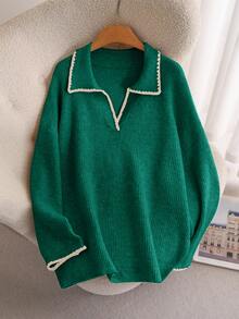 CosyJoli Plus Size Casual Color Block Dog Tooth Trim V-Neck Pullover Sweater Collared Sweater Green Sweater Women Sweater V-Neck Sweater In Fall/Winter - Green - View 4