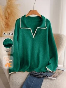 CosyJoli Plus Size Casual Color Block Dog Tooth Trim V-Neck Pullover Sweater Collared Sweater Green Sweater Women Sweater V-Neck Sweater In Fall/Winter - Green - View 2