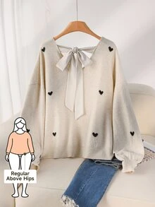 CosyJoli Plus Size Casual Heart Pattern Beige V-Neck Backless Sweater,Fall Autumn Casual Mother's Day Fall/Winter - Beige - View 2