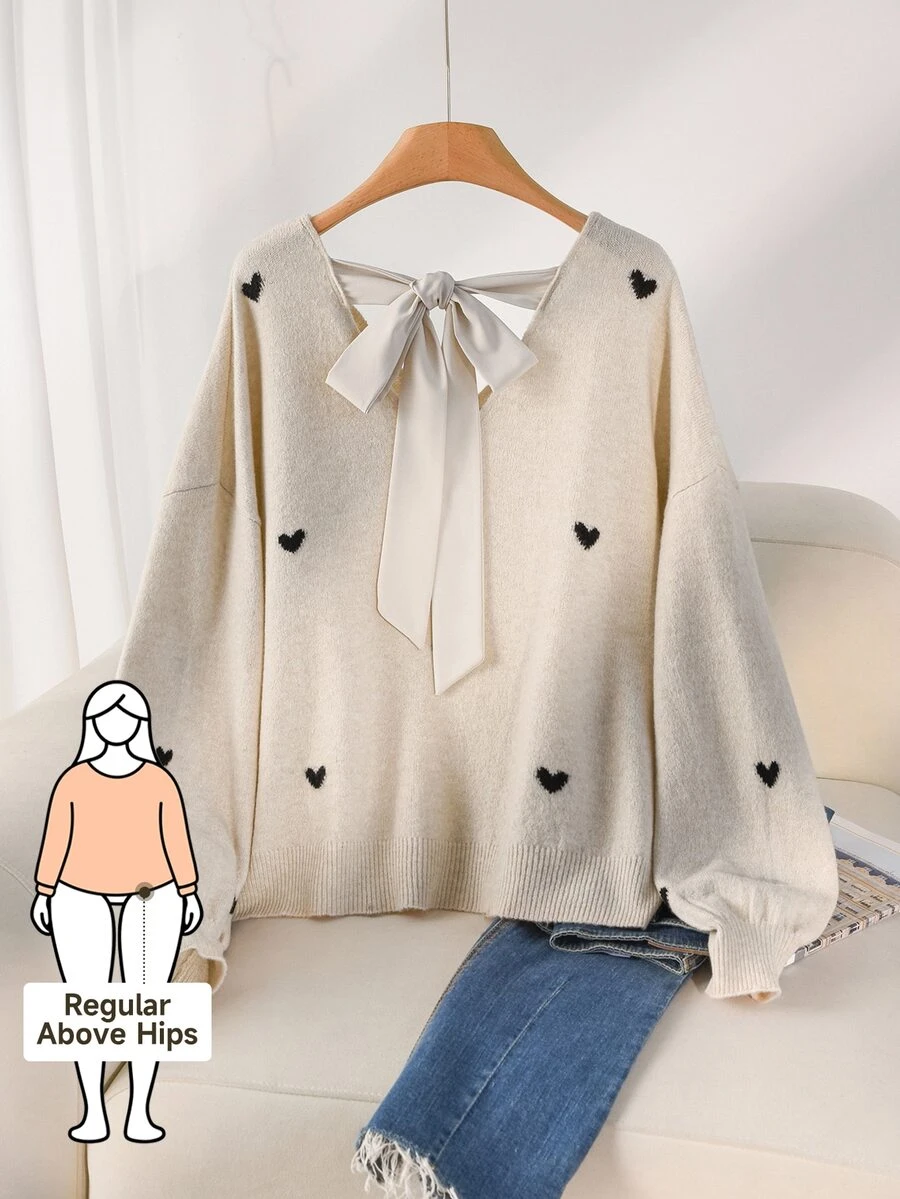 CosyJoli Plus Size Casual Heart Pattern Beige V-Neck Backless Sweater,Fall Autumn Casual Mother's Day Fall/Winter