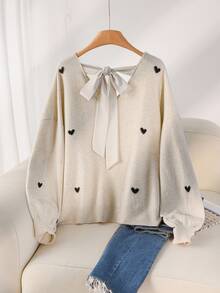 CosyJoli Plus Size Casual Heart Pattern Beige V-Neck Backless Sweater,Fall Autumn Casual Mother's Day Fall/Winter - Beige - View 8