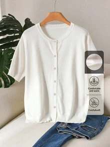CosyJoli Plus Size Women Solid Color Short Sleeve Single-Breasted Casual Knit Cardigan Fall - White - View 7