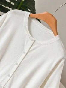 CosyJoli Plus Size Women Solid Color Short Sleeve Single-Breasted Casual Knit Cardigan Fall - White - View 6