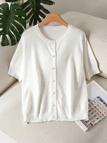 CosyJoli Plus Size Women Solid Color Short Sleeve Single-Breasted Casual Knit Cardigan Fall - White - View 5