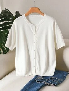 CosyJoli Plus Size Women Solid Color Short Sleeve Single-Breasted Casual Knit Cardigan Fall - White - View 8