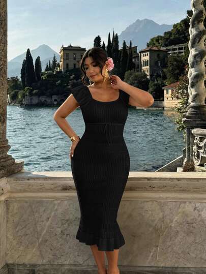 Firerie Plus Size Autumn Casual Elegant Business Casual Vacation Front Tie Ruffle Hem Sweater Dress Formal Dates Wedding Guest Black